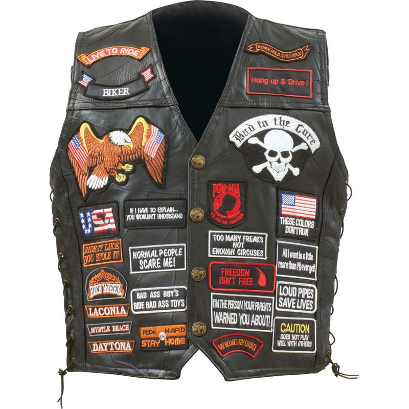 Diamond Plate&trade; Rock Design Genuine Buffalo Leather Biker Vest with 42 Patches (Option: Size 2XL - Single)